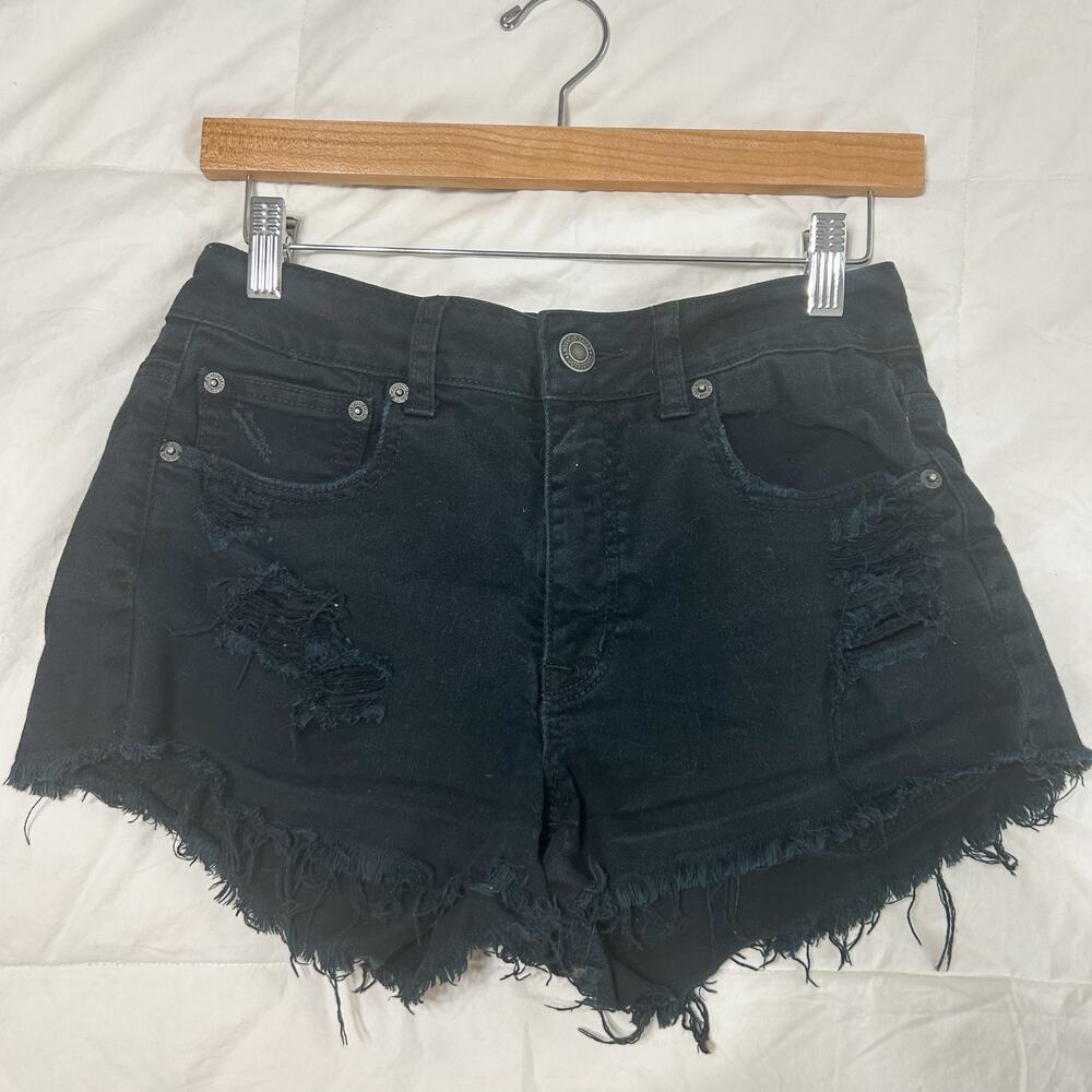 American Eagle Black Distressed Denim Cutoff Shorts High Rise Size 6 EUC - Picture 2 of 5
